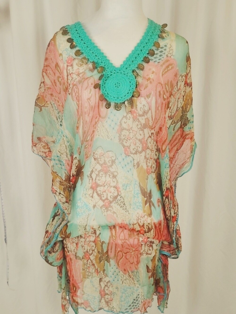 Crochet-Trim Floral Boho Tunic Top in Aqua and Pink